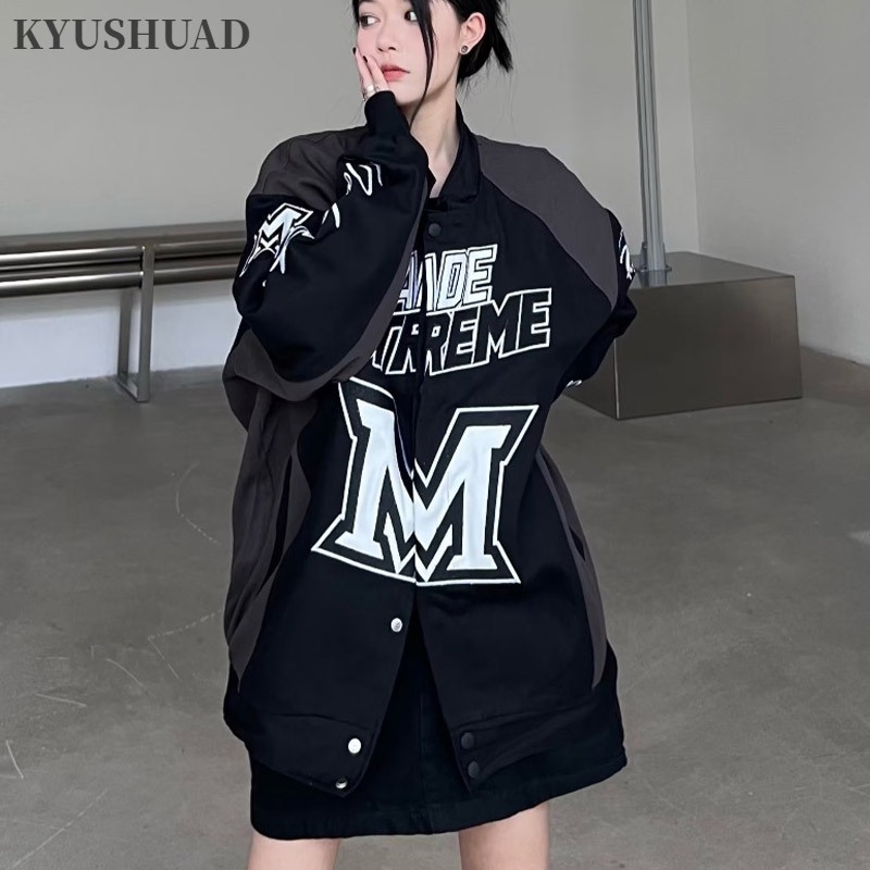 Kyushuad Áo Khoác Bóng Chày Cổ Đứng Phối Màu Tương Phản Kiểu hip-hop Đường Phố Mỹ Cá Tính