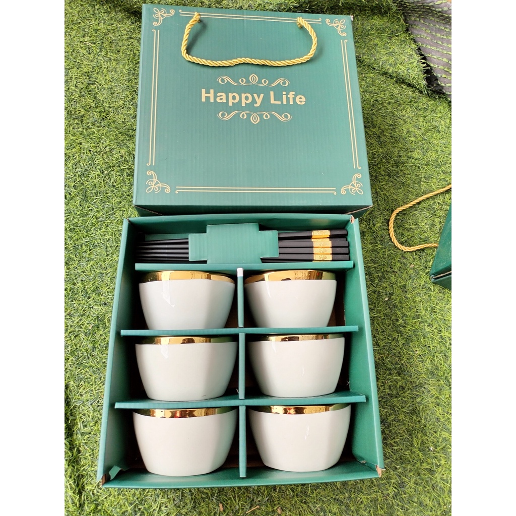 Bộ 6 bát đũa sứ ăn cơm HAPPY LIFE họa tiết vàng trắng kèm hộp tặng quà mang đi biếu gia đình và bạn bè