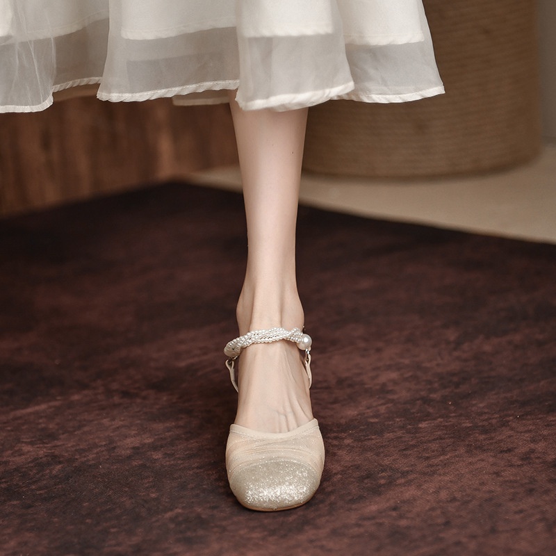 Duoya Tóc Thẳng ~ [Hàng Có Sẵn] ~ Sandal Hở Ngón Gạc Đính Kim Sa Ngọc Trai Gót Dày Cho Nữ Miễn Phí Vận Chuyển