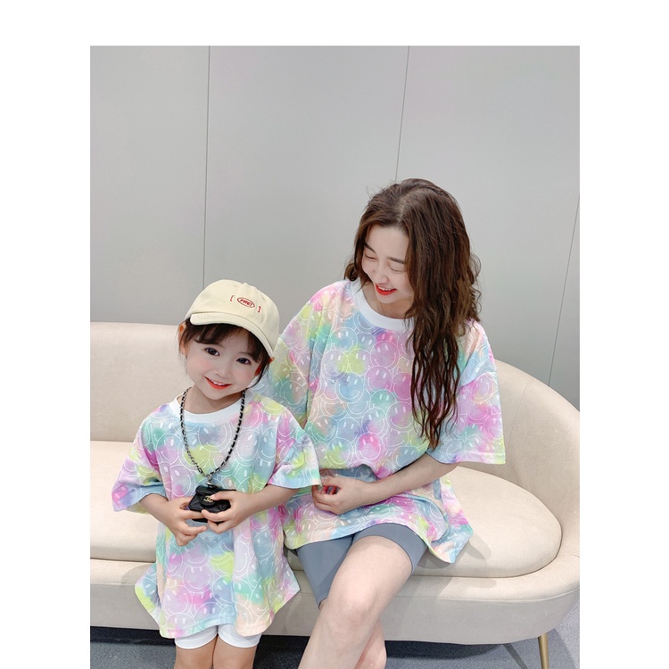 Áo Thun Tay Ngắn Nhuộm Màu Phong Cách Hàn Quốc Thời Trang Mùa Hè Cho Mẹ Và Bé 90-2XL