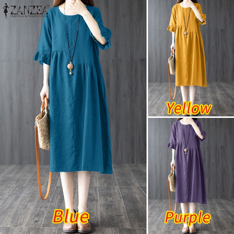 Đầm nữ ZANZEA tay lửng cổ tròn phối bèo thời trang