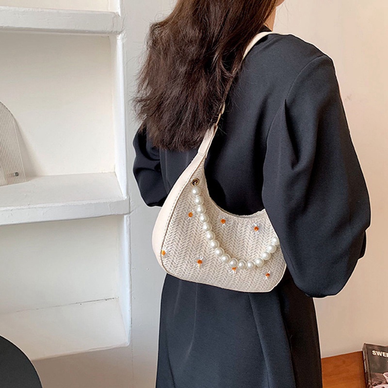 Túi Xách Đeo Dưới Cánh Tay In Hoa Cúc Đính Ngọc Trai Thời Trang Cho Nữ