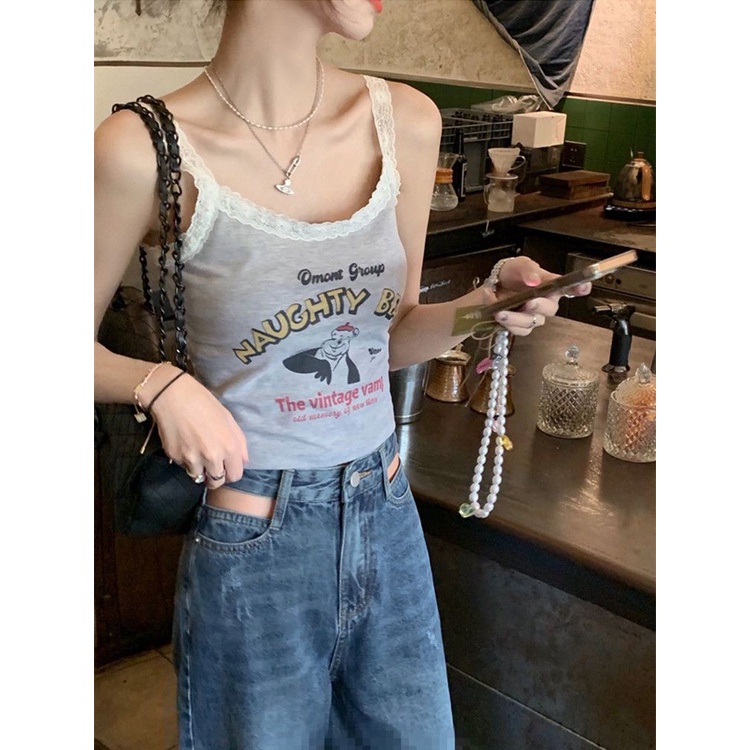 Áo Không Tay Phối Ren Dáng Ngắn Thời Trang Mùa Hè Cho Nữ