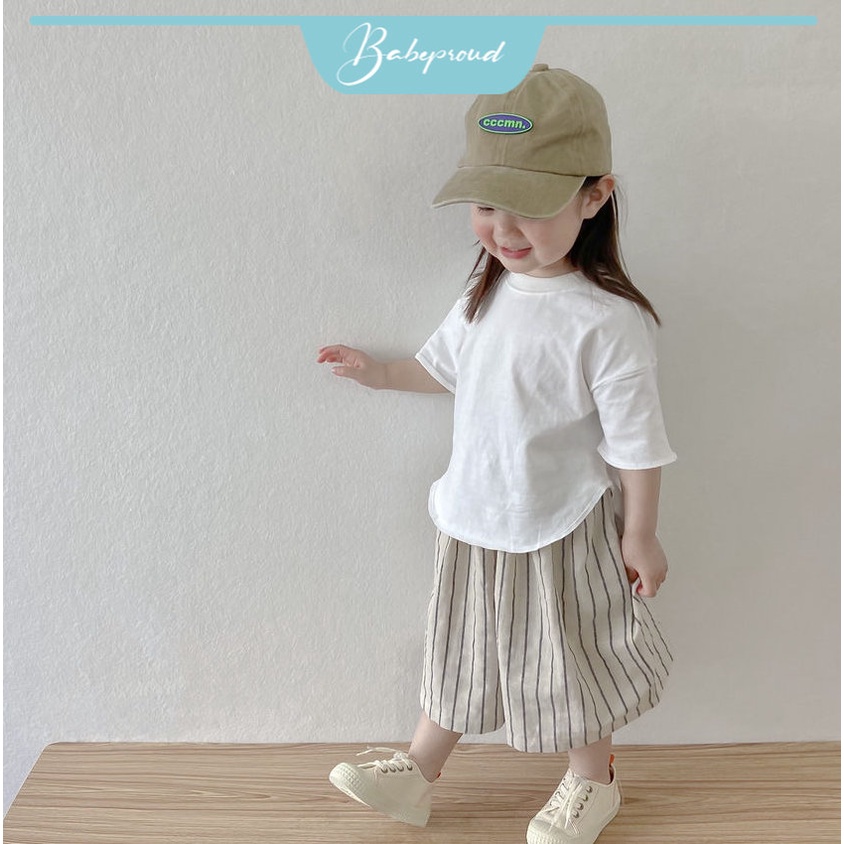 BABEPROUD Set đồ áo thun cotton trắng và quần dài ống rộng kẻ sọc thời trang Hàn Quốc cho bé gái 0-6 tuổi (có bán lẻ)