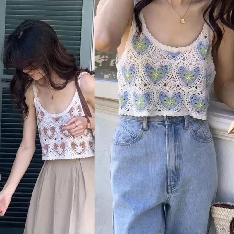 Áo Croptop Hai Dây Dệt Kim Cổ Chữ U Họa Tiết Hoa Thời Trang Đường Phố Gợi Cảm Dành Cho Bạn Nữ
