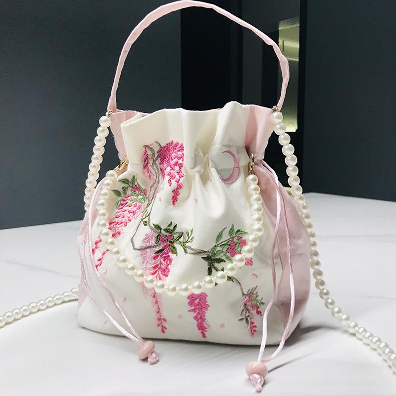 1 Túi Xách Vải Dây Rút Thêu Họa Tiết Phong Cách Trung Hoa Cổ Điển