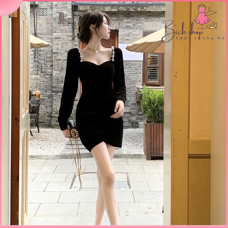 Đầm nhung body siêu sang chảnh , nhẹ nhàng tiểu thư , đính đá thủ công tinh xảo lấp lánh