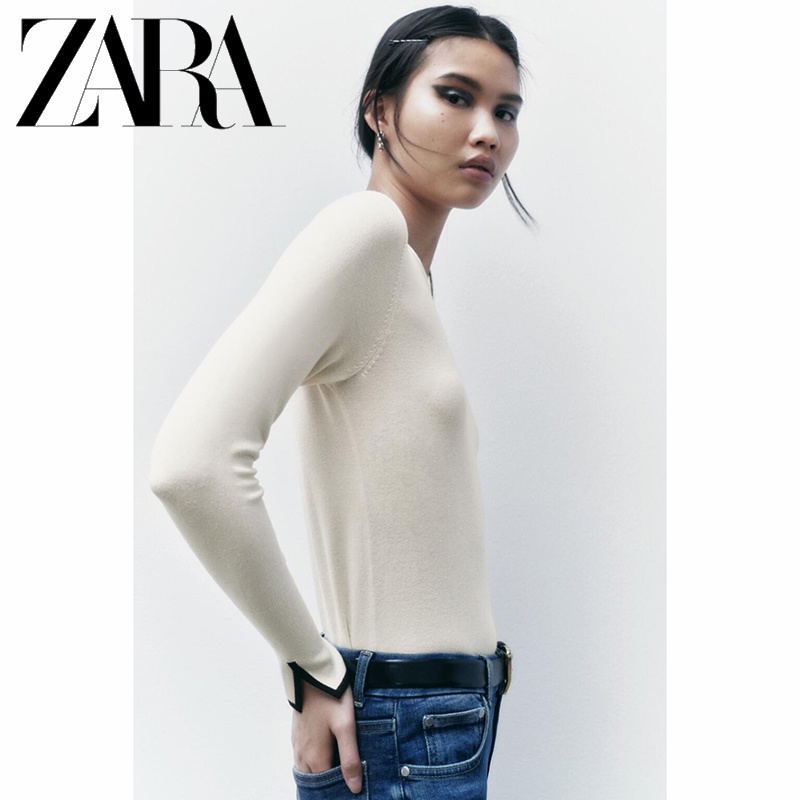 Zara Áo sweater Tay Dài Cổ Tròn Xẻ Tà Thời Trang Mùa Xuân Cho Nữ