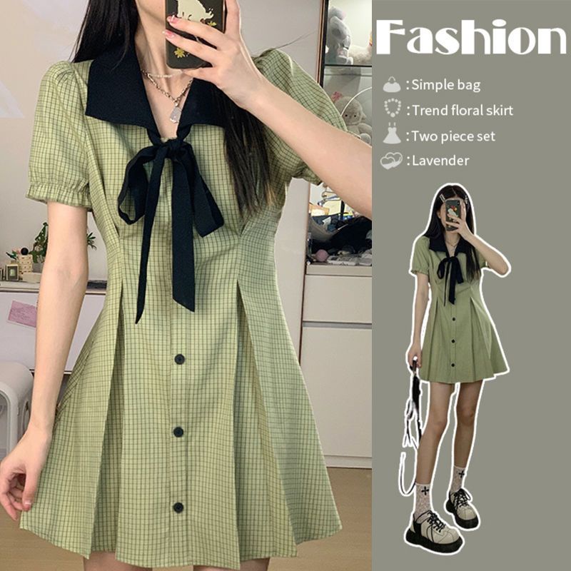 Đầm polo Pháp W2 Họa Tiết Sọc Caro Màu Xanh Lá Cây Dáng Chữ a Nhẹ Nhàng Che Bụng Hẹp mm Ôm Eo Thời Trang Mùa Hè Kiểu Mới Cho Nữ