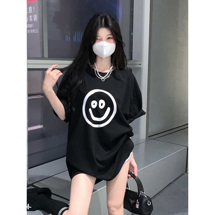 Áo Thun 100% cotton Màu Đen Dáng Rộng In Họa Tiết Thời Trang Mùa Hè Dành Cho Nữ 4683