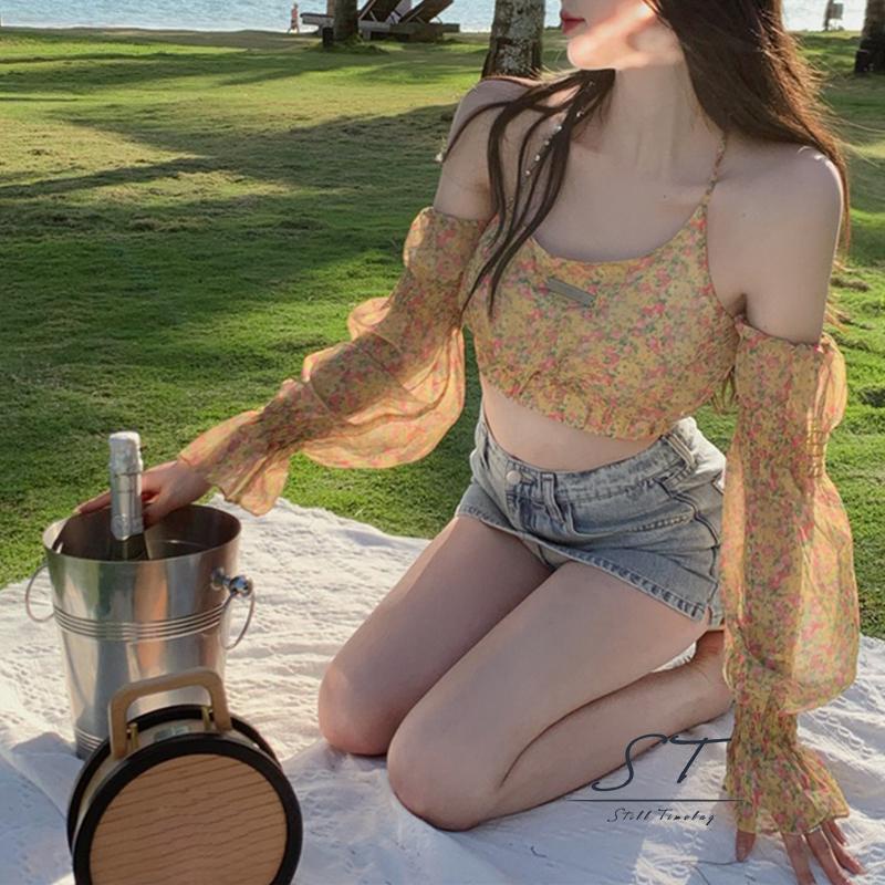 Áo Croptop Trễ Vai Tay Dài In Họa Tiết Hoa Thời Trang Quyến Rũ Cho Nữ