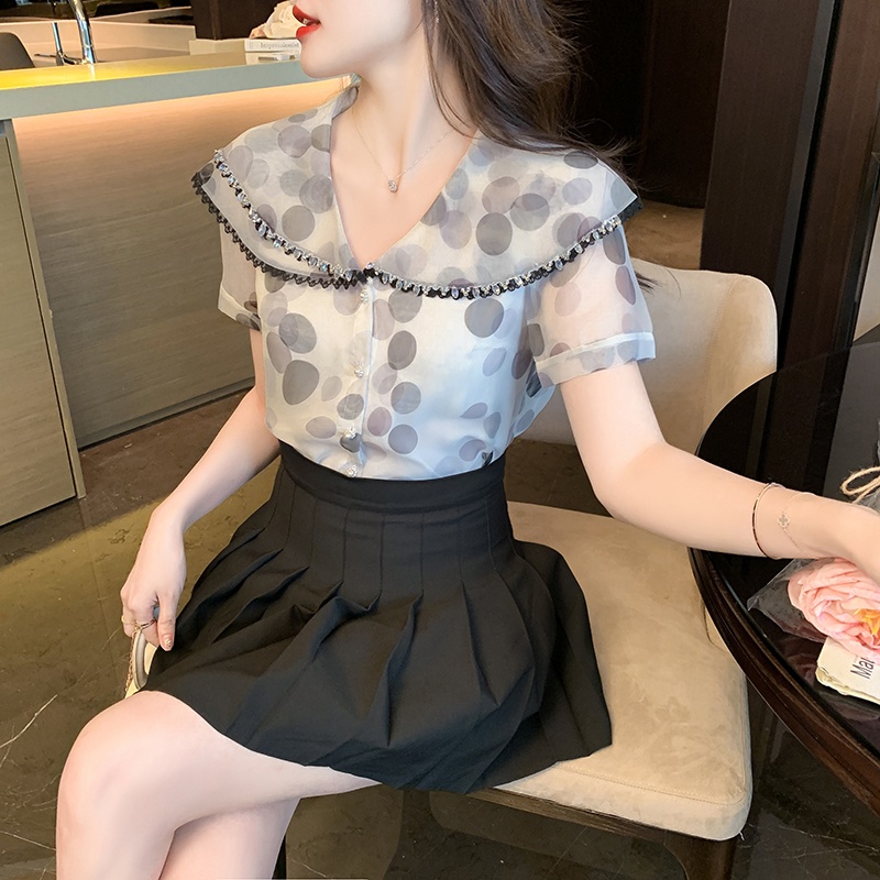 Áo Sơ Mi Chiffon Phối Ren Họa Tiết Chấm Bi Phong Cách Pháp Thời Trang Mùa Hè 2023 Mới