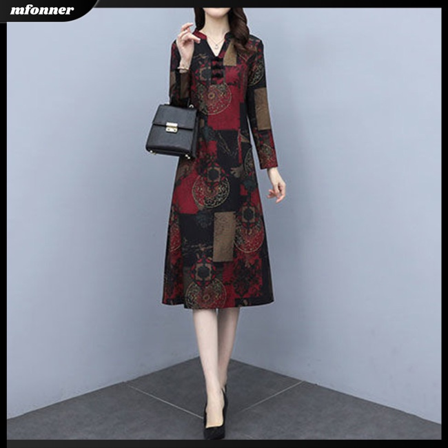 Đầm Dài Tay Cổ Chữ V Form Rộng Phong Cách Retro Cho Nữ