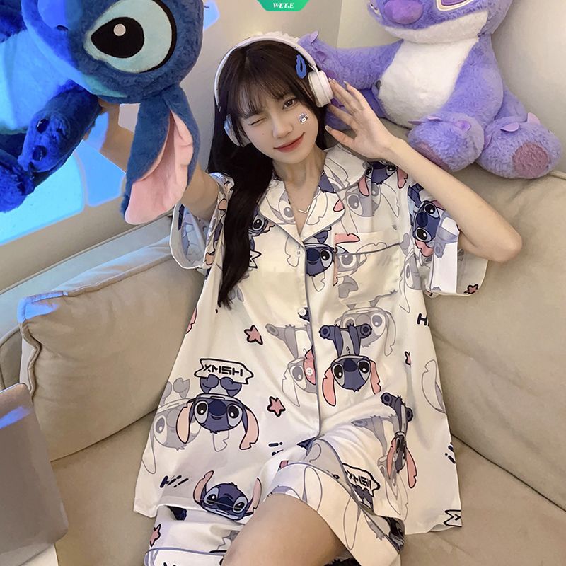 Bộ Đồ Ngủ Ngắn Tay Họa Tiết Stitch Hoạt Hình Đơn Giản Thoải Mái Cho Nữ