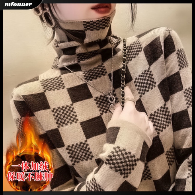 Áo Sweater Cổ Lọ Tay Dài Dáng Ôm Sọc Ca Rô Thời Trang Ấm Áp Xinh Xắn Cho Nữ