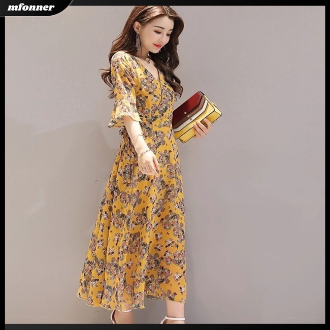 Đầm Dài Tay Loe In Họa Tiết Hoa Trang Nhã Dành Cho Nữ