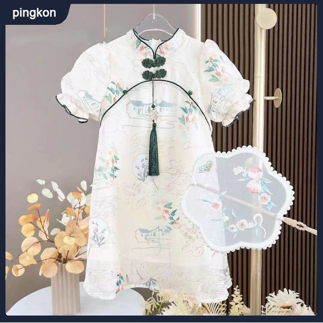 Đầm Sườn Xám Tay Ngắn Cổ Đứng In Họa Tiết Phong Cách Trung Hoa Cổ Điển Cho Bé Gái