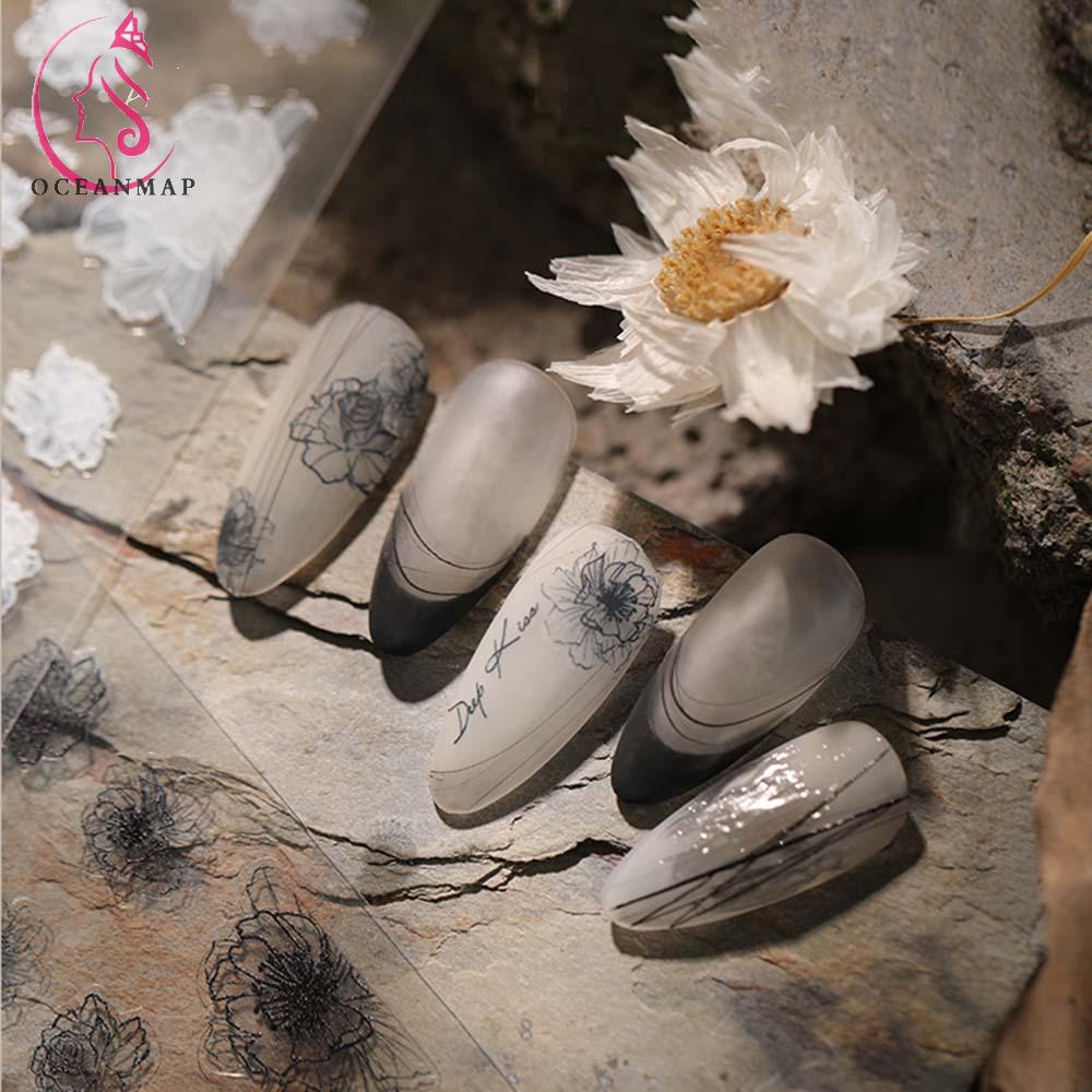 [Hàng mới về] Miếng dán móng tay hình hoa màu trắng đen 5d siêu mỏng thanh lịch