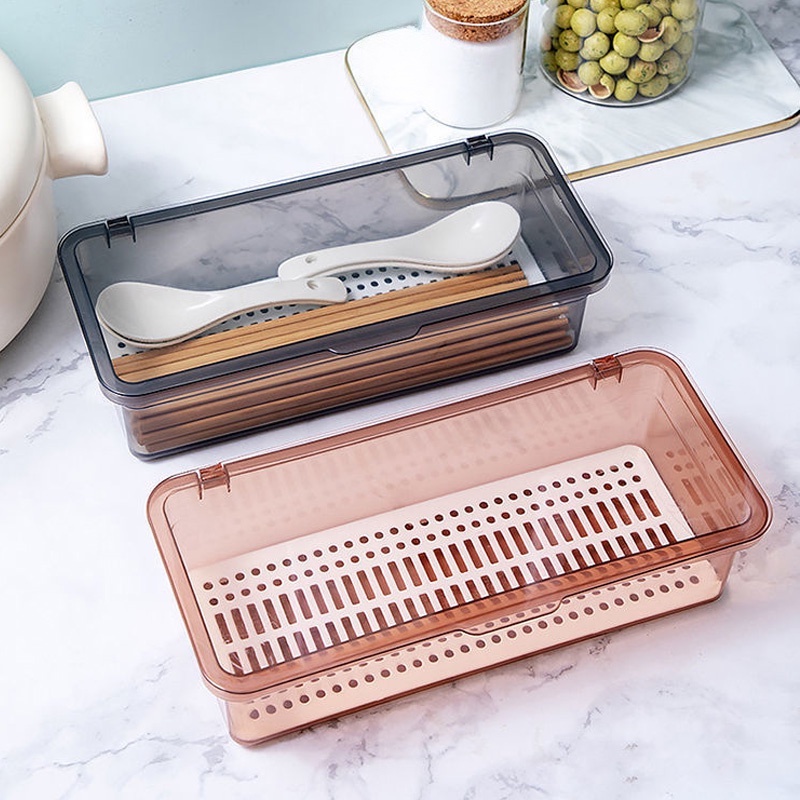 Hộp đựng thìa dĩa có nắp đậy, hộp đựng đồ dùng đa năng đựng khẩu trang,cọ trang điểm chống bụi thoát nước hiệu quả HSU