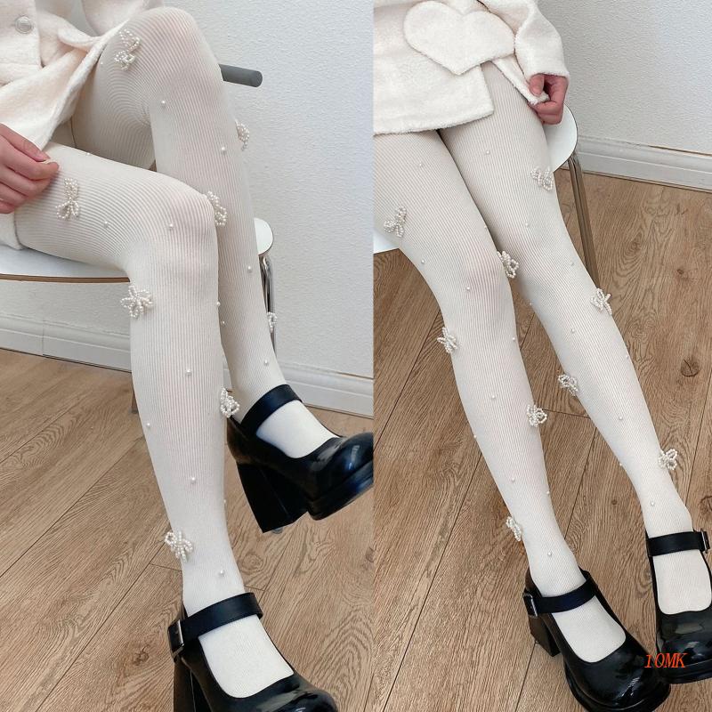 Xiangbao Quần Tất Đính Hạt Ngọc Trai Giả Thắt Nơ Màu Trơn Kiểu Lolita Mùa Thu Cho Nữ