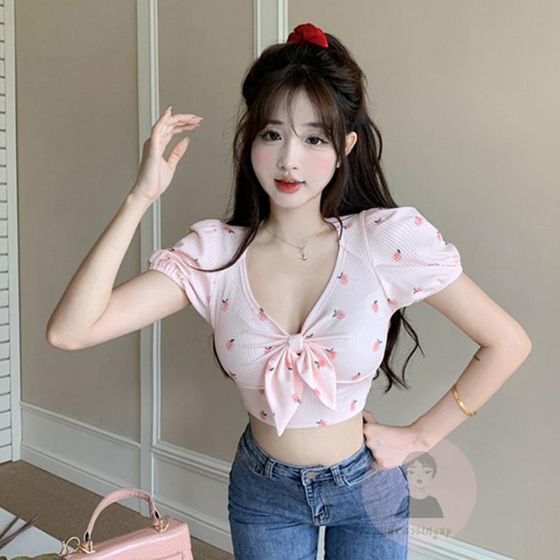 Áo Thun Tay Ngắn Cổ Chữ V Thắt Nơ In Hình Quả Đào Thời Trang Mùa Hè Cho Nữ