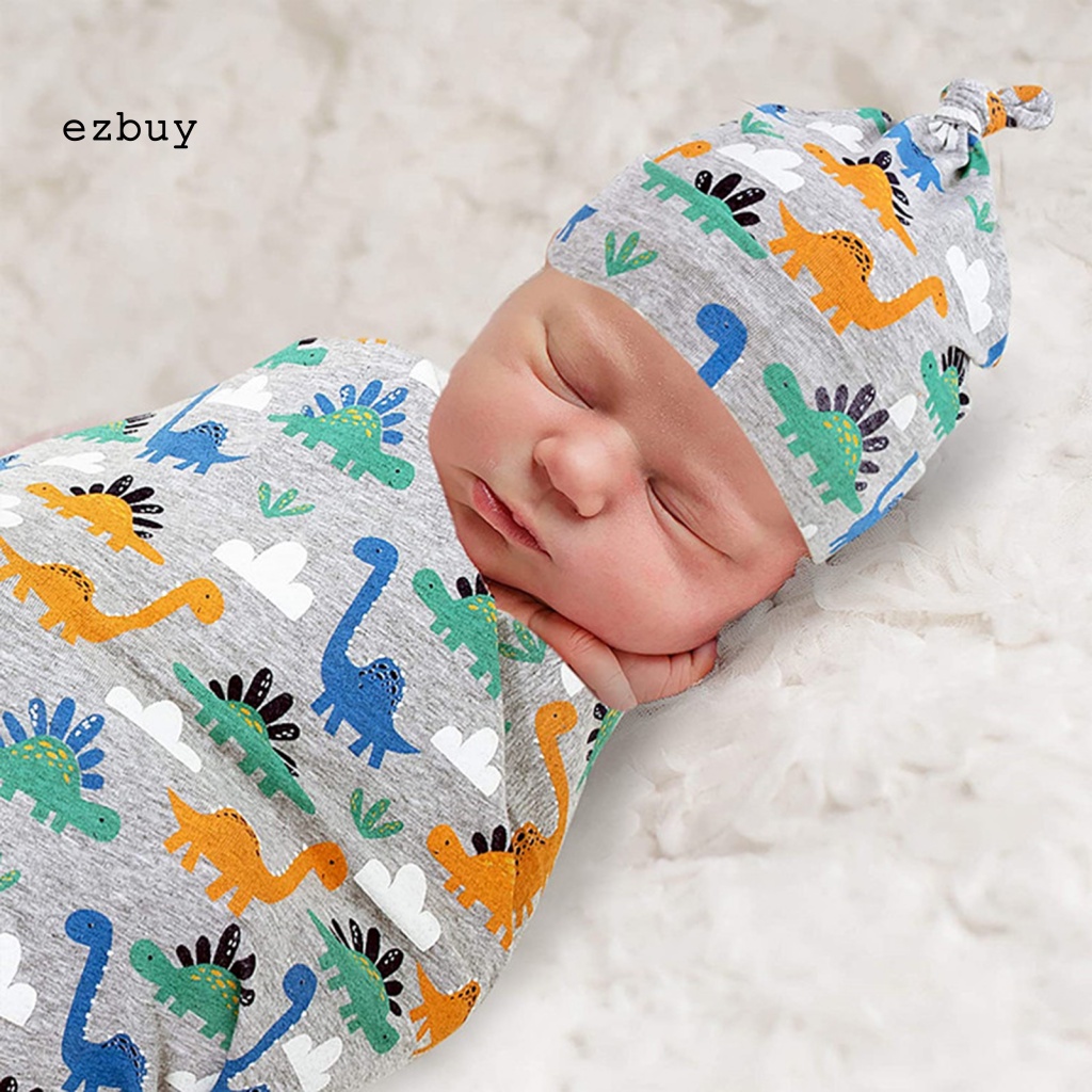 Bộ 2 Chăn Quấn Thoáng Khí In Họa Tiết Hoạt Hình Kèm Mũ Beanie Cho Bé Sơ Sinh