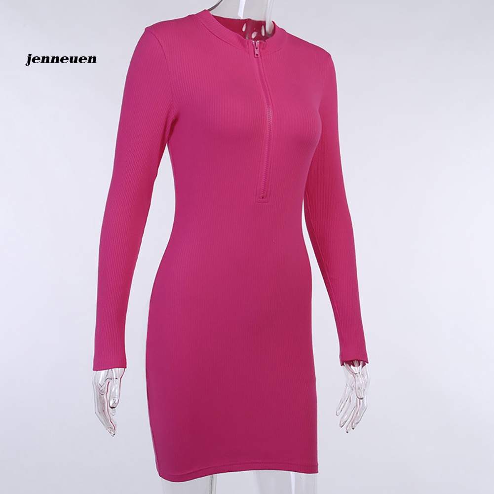 Đầm Ngắn Ôm Dáng Tay Dài Màu Trơn Có Khóa Kéo Phía Trước Gợi Cảm Cho Nữ