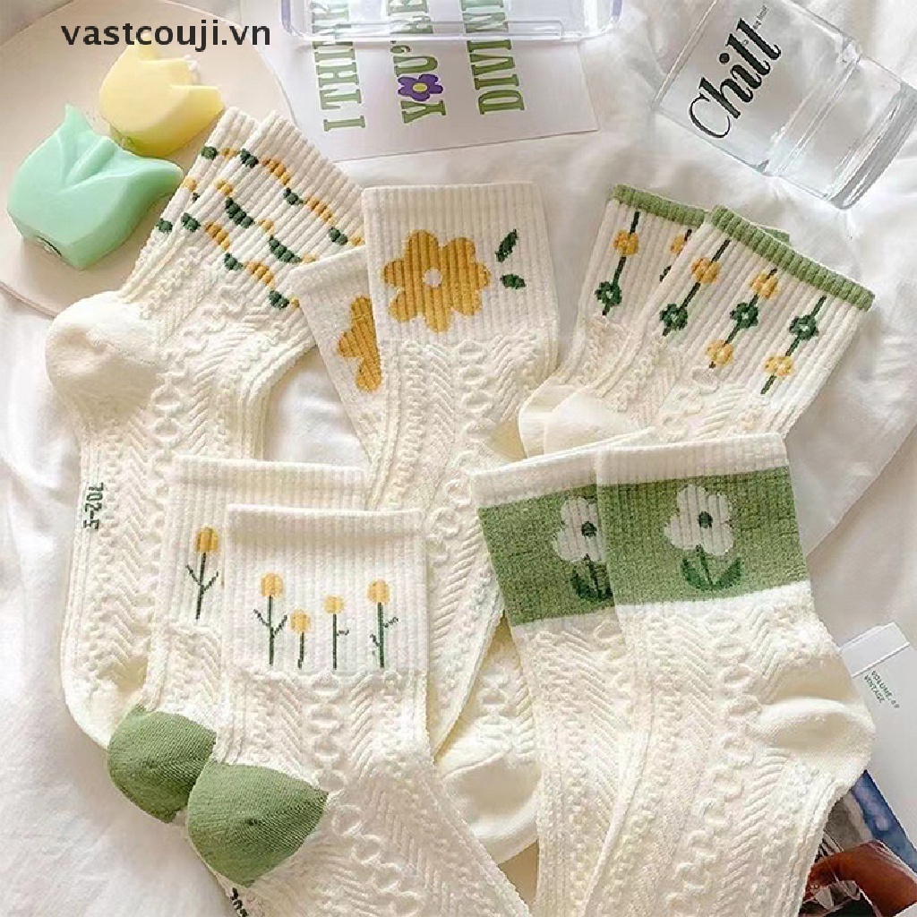 Bộ 5 Đôi Tất Cotton Thấm Hút Mồ Hôi In Họa Tiết Hoa Nhỏ Xinh Xắn Phong Cách Nhật Bản