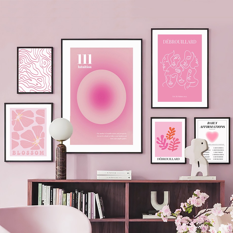 Tranh Vải Bạt Treo Tường In Hình Thiên Thần & Bướm & Chữ Số Màu Hồng Trang Trí Phòng Khách