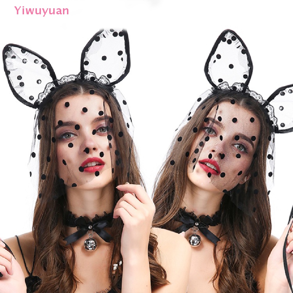 < Yiwuyuan > Băng Đô Tai Mèo Phối Ren Lưới Chấm Bi Gợi Cảm Hóa Trang Halloween Cho Nữ