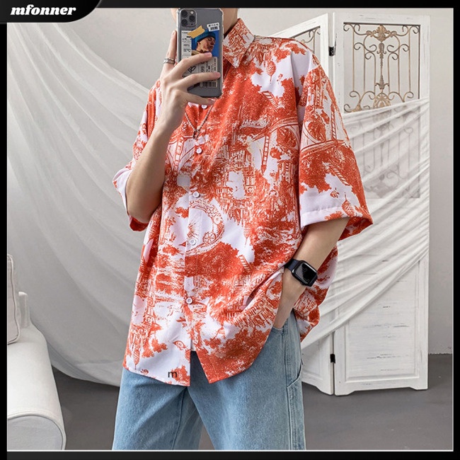 Áo Thun Lụa Lạnh Tay Ngắn Cổ Bẻ In Hình Phong Cảnh Phong Cách Retro Cho Nam Giới