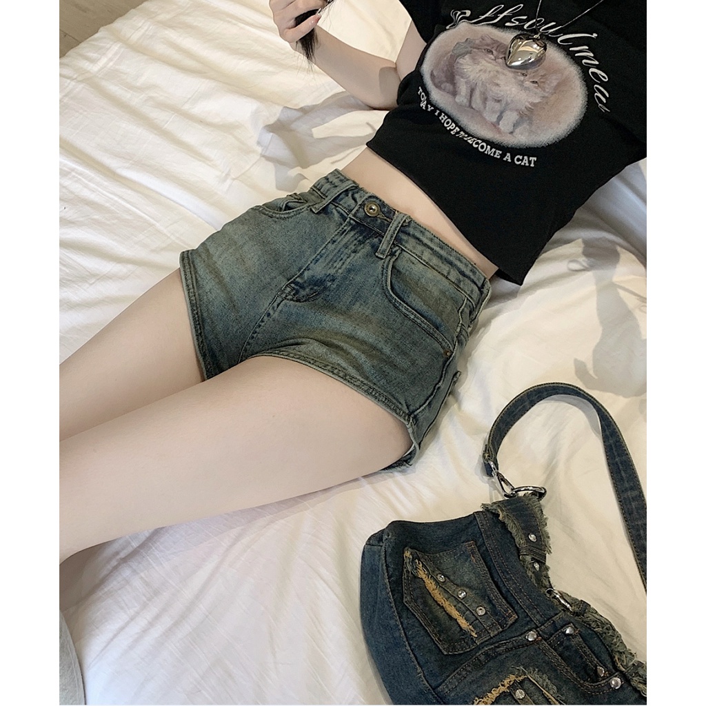 Giá Thật Thời Trang Hàn Quốc ~ Quần Short Denim Mỏng Lưng Cao Cổ Điển Màu Sáng Phong Cách Mỹ Quyến Rũ Cho Nữ