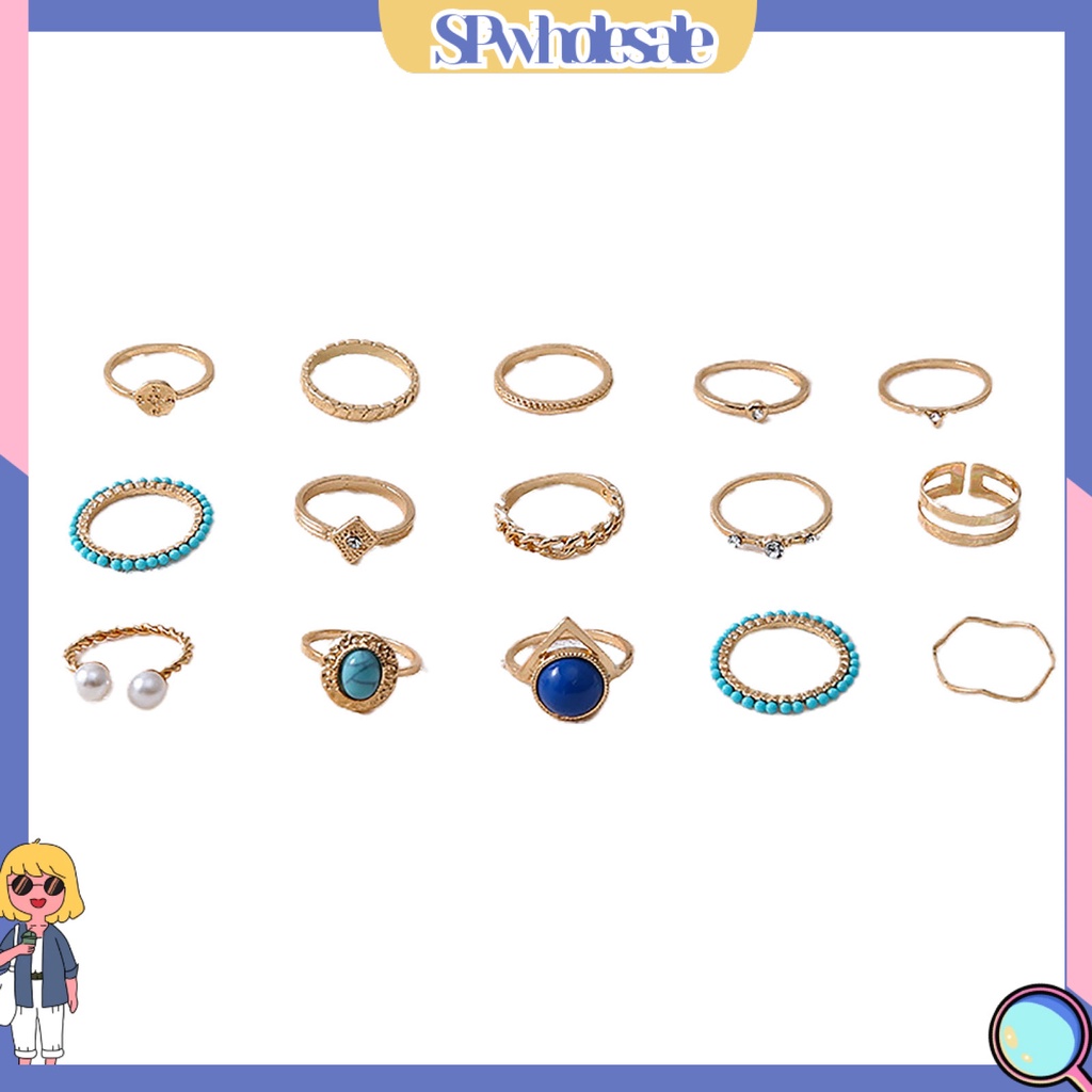 <SPwholesale> Set 15 Nhẫn Đeo Khớp Ngón Tay Đính Ngọc Trai Giả Thời Trang