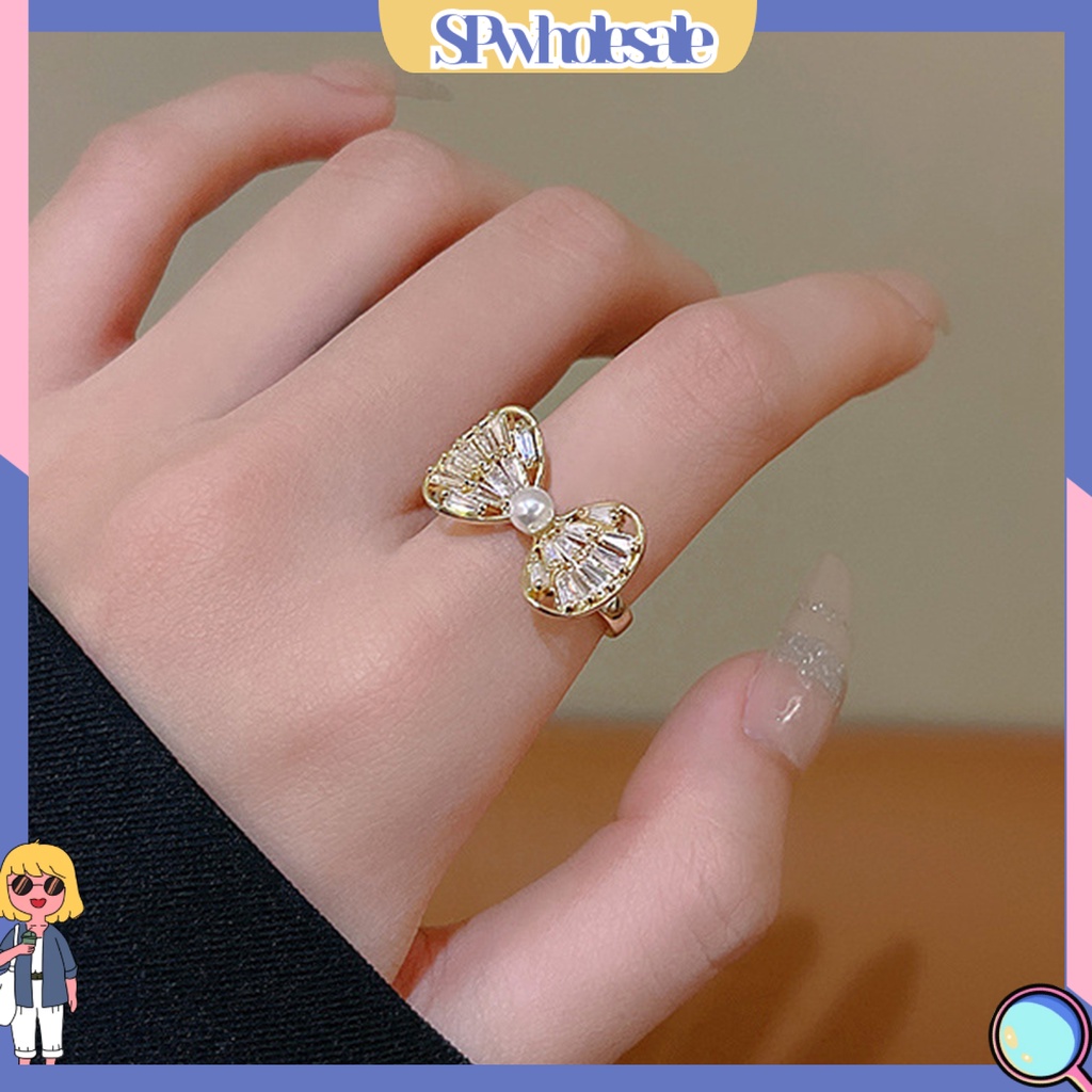 <SPwholesale> Nhẫn Đeo Ngón Trỏ Rỗng Hình Nơ Rỗng Đính Đá Zircon Trọng Lượng Nhẹ Trang Trí Có Thể Điều Chỉnh Dành Cho Nữ