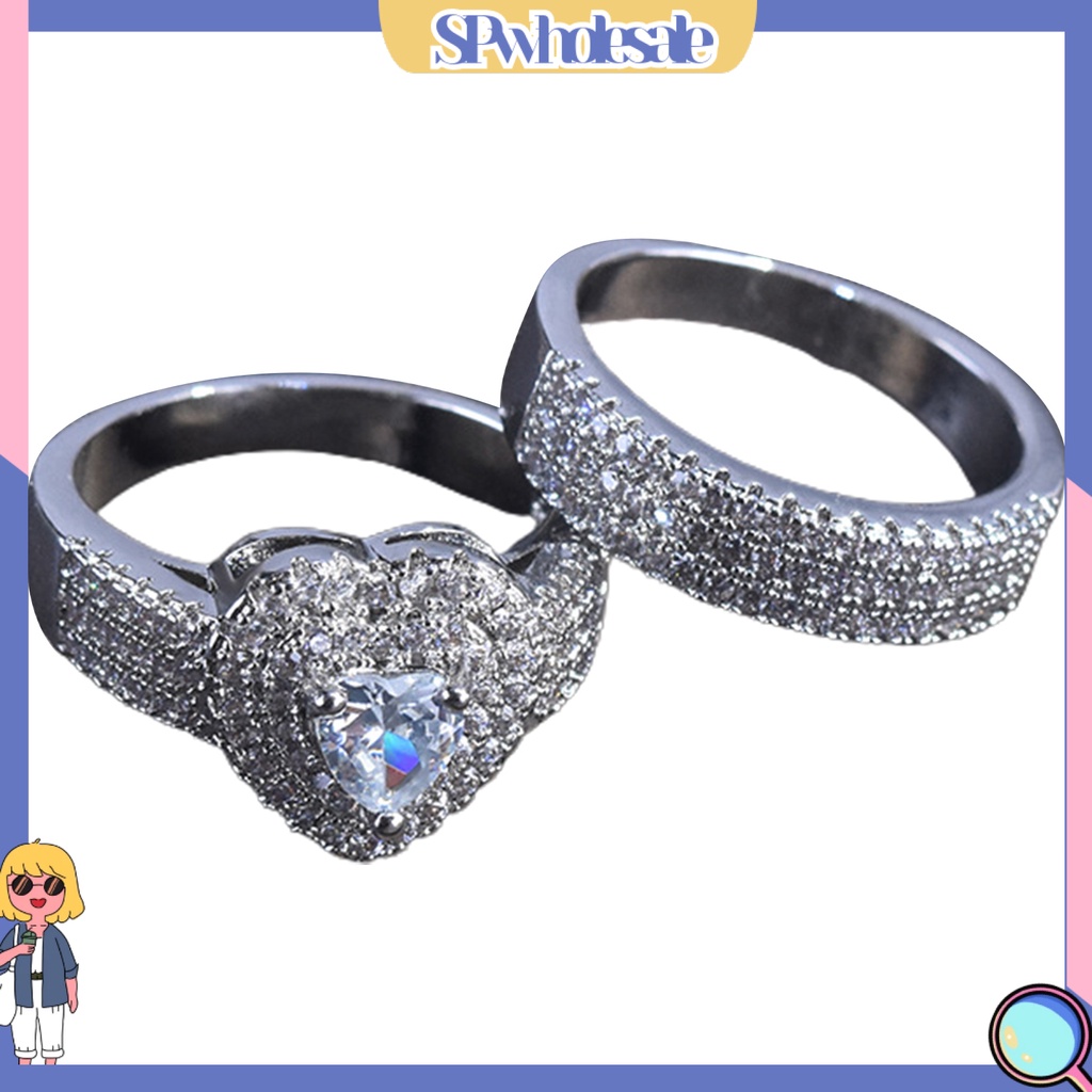<SPwholesale> Bộ 2 Nhẫn Đính Đá Hình Trái Tim Sang Trọng Cho Cô Dâu
