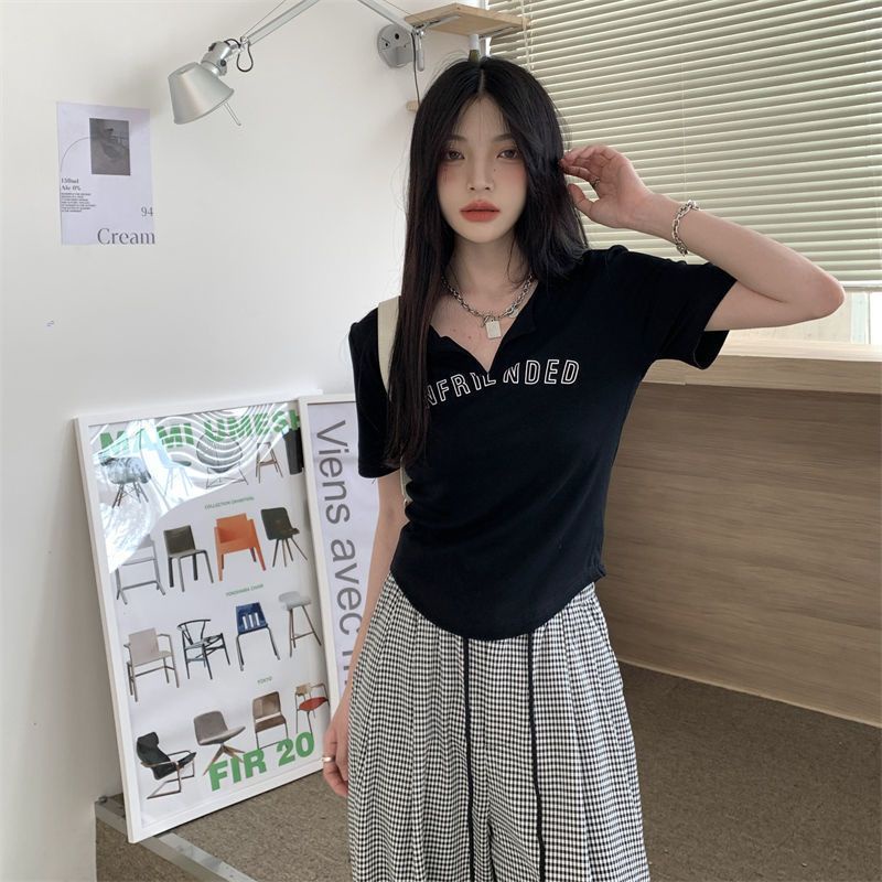 COZOKC Áo Thun Tay Ngắn Cổ Chữ V In Chữ Phong Cách Vintage