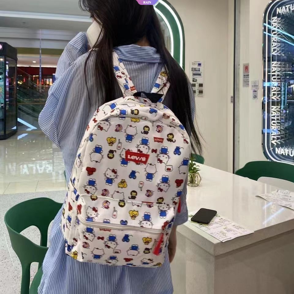 Ba Lô Vải Canvas Nylon Sức Chứa Lớn In Hình Sanrio Hello Kitty Dễ Thương Có Khóa Kéo Thời Trang Cho Nữ