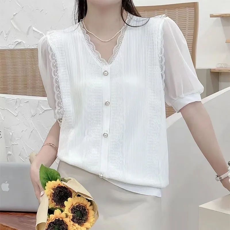 Áo Thun Lụa Chiffon Tay Ngắn Dáng Rộng Che Phủ Bụng Phối Ren Thời Trang Mùa Hè 2023 Mới Cho Nữ