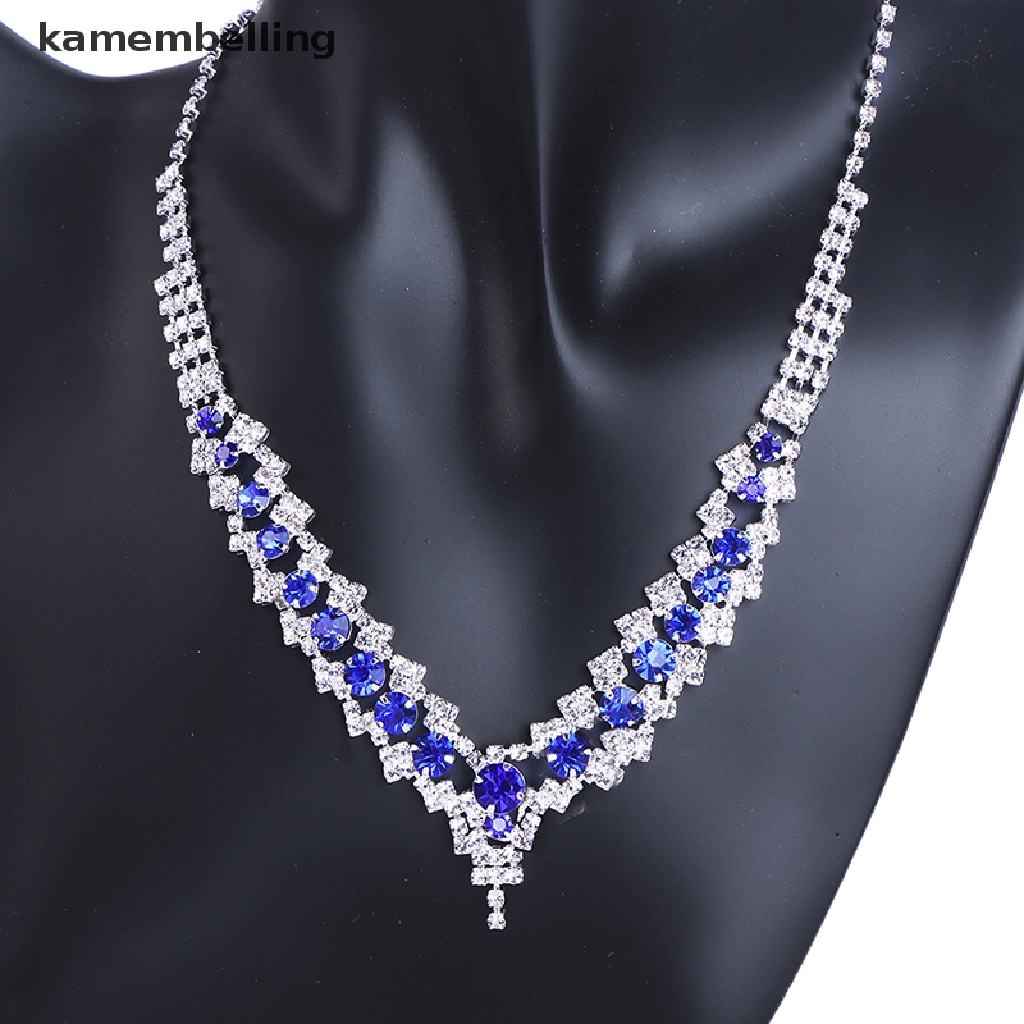 Kamembelling Bộ Vòng cổ + Bông Tai Đính Đá Pha Lê Xanh Dương Hình Chữ V Thanh Lịch Cho Nữ