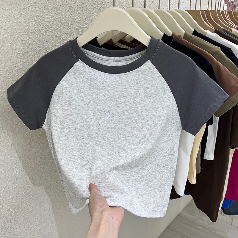 SUXI Áo Thun Cotton Cổ Tròn Dáng Ôm Màu Sắc Tương Phản Thời Trang Mùa Hè Dành Cho Nữ