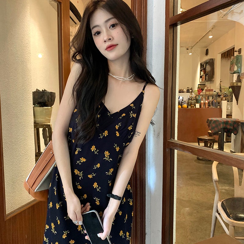 COZOKC Đầm Dài Trung Bình Không Tay Ôm Dáng In Hoa Phiên Bản Hàn Quốc