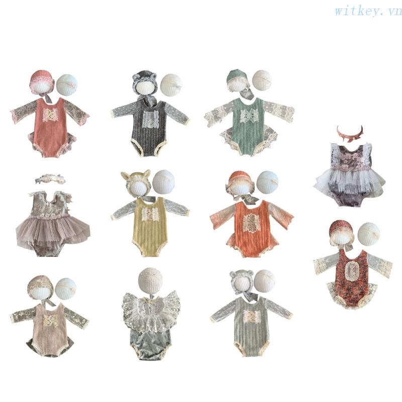 Bộ Áo Liền Quần Tay Dài Phối Ren Công Chúa + Băng Đô Co Giãn Thời Trang Dự Tiệc Cho Bé Sơ Sinh