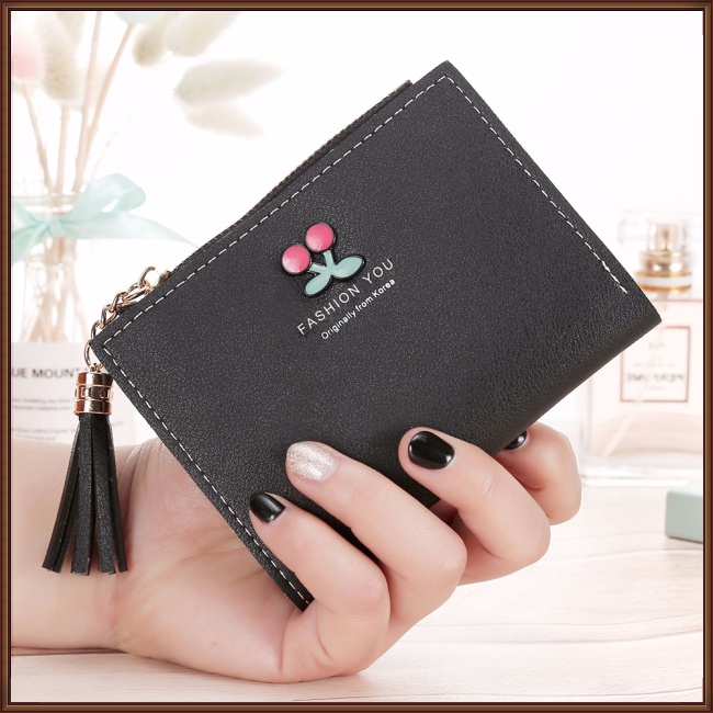 Ví Ngắn Dạng Gập Có Nhiều Ngăn Đựng Thẻ Màu Trơn Đính Tua Rua Và Khóa Kéo Thời Trang Cho Nữ