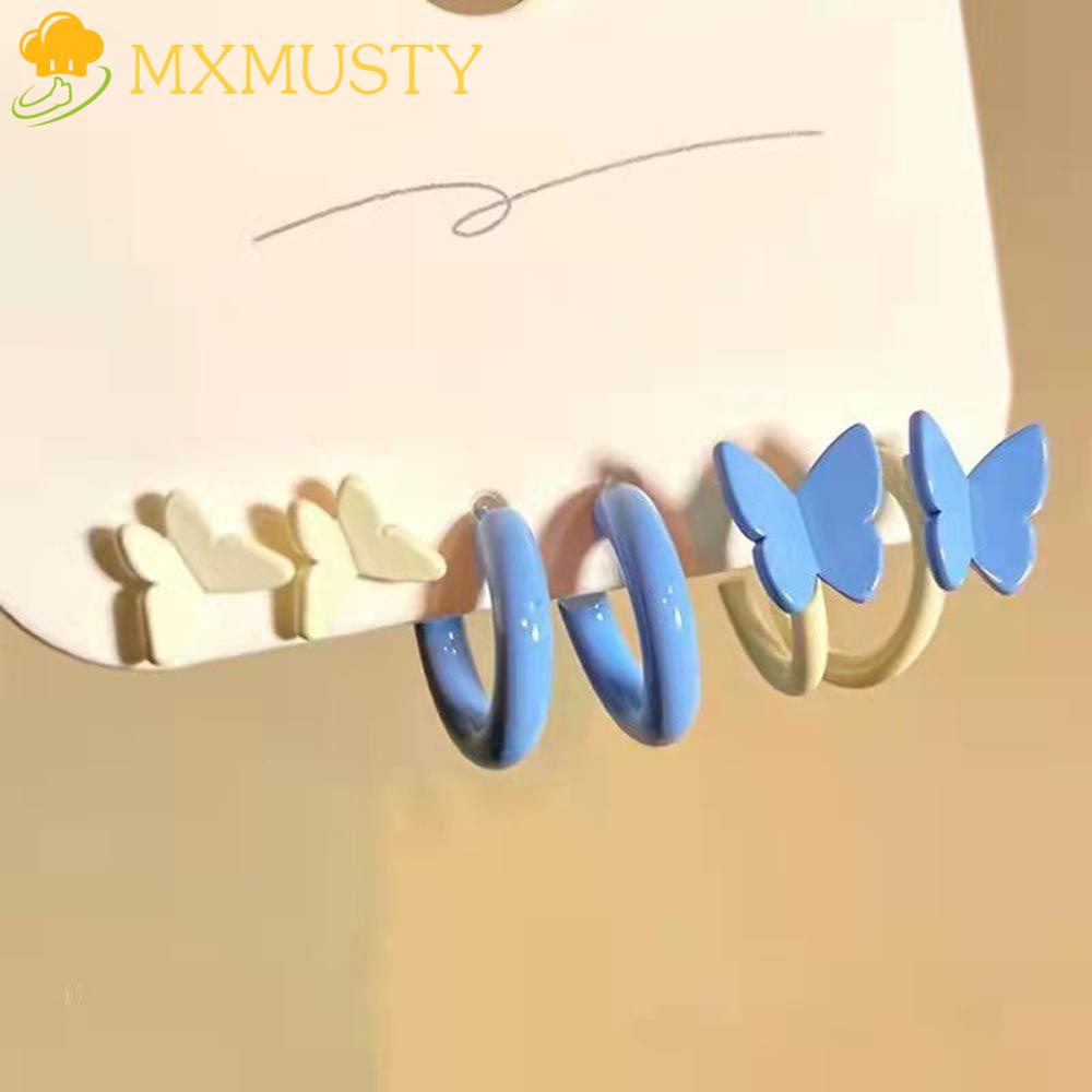 Bộ 3 Đôi Bông Tai Hình Tròn Họa Tiết Bướm Màu Sắc Ngọt Ngào Phong Cách Cổ Điển Thời Trang Cho Nữ