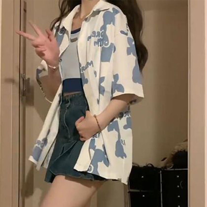 Áo Sơ Mi Tay Ngắn In Hình Thỏ Dễ Thương Cho Nữ