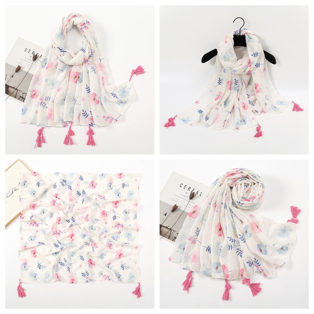Khăn Choàng Cổ Chống Nắng 180-90cm In Họa Tiết Hoa Phối Tua Rua Thoáng Khí Xinh Xắn Cho Nữ