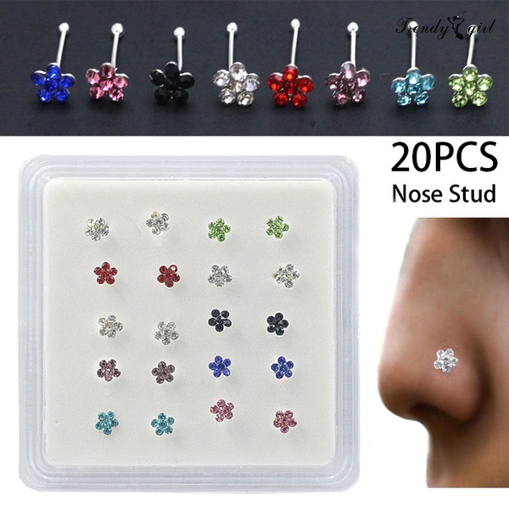 Hộp 20 Khuyên Xỏ Mũi Mạ Bạc Đính Đá Thời Trang Cá Tính Cho Nữ td.2