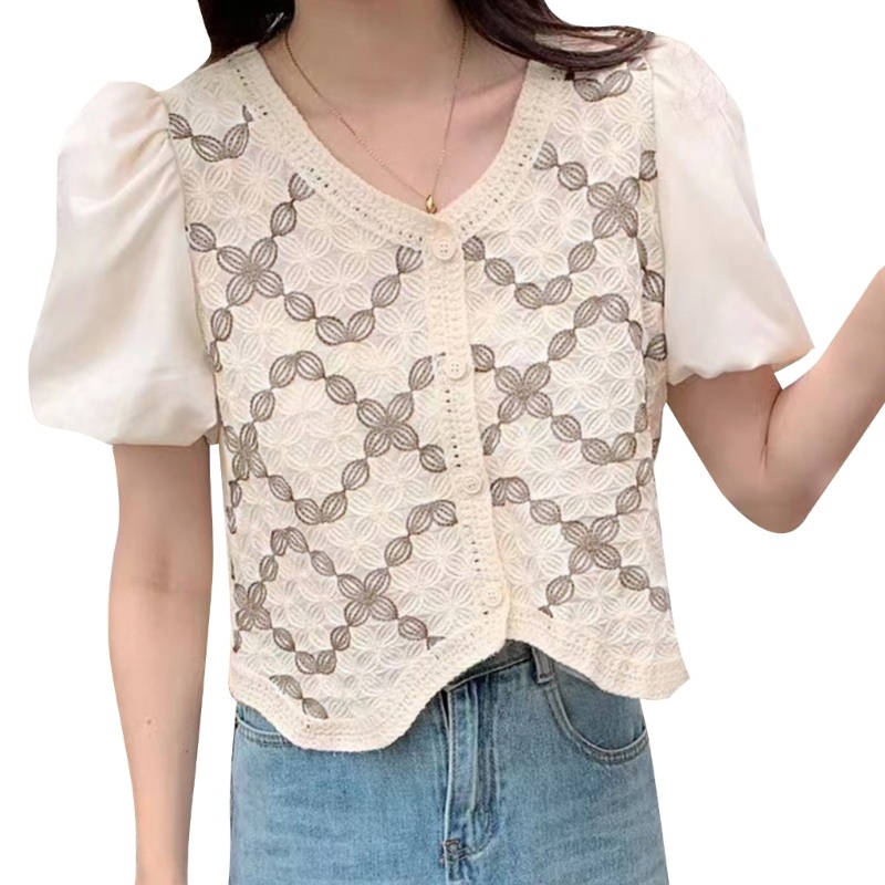 Áo Sơ Mi Tay Ngắn Phồng Thêu Họa Tiết Hình Học Cài Nút Cho Nữ