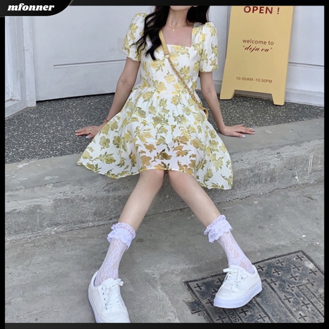 Đầm Chữ A Tay Ngắn Cổ Thuyền Họa Tiết Hoa Phong Cách Pháp Ngọt Ngào Thời Trang Mùa Hè Cho Nữ