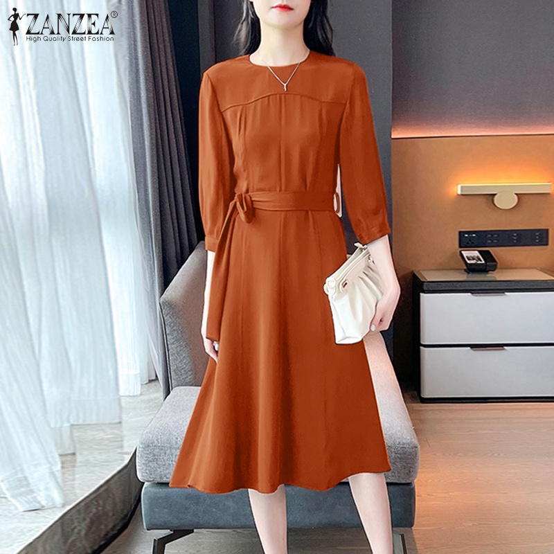 Đầm midi ZANZEA cổ tròn tay 3/ 4 thời trang cho nữ